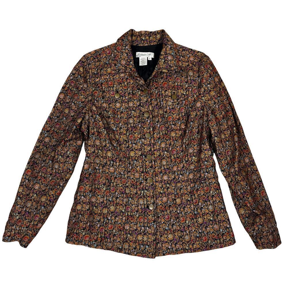 Women's Coldwater Creek Metallic Brocade Floral LS M Button Blazer Jacket